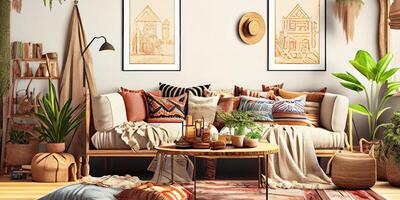 elegant Scandinavisch leven kamer met ontwerp munt bank, meubels, bespotten omhoog poster kaart, planten en elegant persoonlijk accessoires. modern huis decor. helder en zonnig kamer. generatief ai illustratie. foto