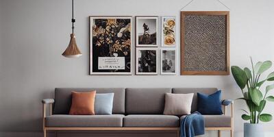 elegant Scandinavisch leven kamer met ontwerp munt bank, meubels, bespotten omhoog poster kaart, planten en elegant persoonlijk accessoires. modern huis decor. helder en zonnig kamer. generatief ai illustratie. foto