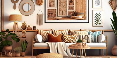 elegant Scandinavisch leven kamer met ontwerp munt bank, meubels, bespotten omhoog poster kaart, planten en elegant persoonlijk accessoires. modern huis decor. helder en zonnig kamer. generatief ai illustratie. foto