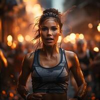 ai gegenereerd een vrouw atleet loopt Aan een bijhouden met energiek licht Effecten achter. Dames in marathons. generatief ai foto