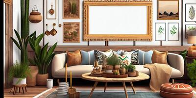 elegant Scandinavisch leven kamer met ontwerp munt bank, meubels, bespotten omhoog poster kaart, planten en elegant persoonlijk accessoires. modern huis decor. helder en zonnig kamer. generatief ai illustratie. foto