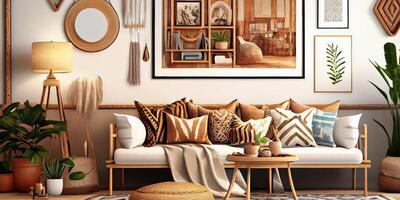 elegant Scandinavisch leven kamer met ontwerp munt bank, meubels, bespotten omhoog poster kaart, planten en elegant persoonlijk accessoires. modern huis decor. helder en zonnig kamer. generatief ai illustratie. foto