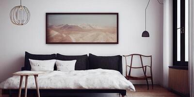 elegant Scandinavisch leven kamer met ontwerp munt bank, meubels, bespotten omhoog poster kaart, planten en elegant persoonlijk accessoires. modern huis decor. helder en zonnig kamer. generatief ai illustratie. foto