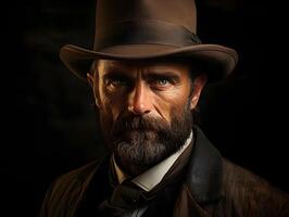 ai gegenereerd portret van een gebaard oud cowboy vervelend een hoed tegen een donker achtergrond. wild western Mens. generatief ai foto