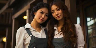 ai gegenereerd verbijsterend Aziatisch meisjes gekleed in wijnoogst kleren. generatief ai foto