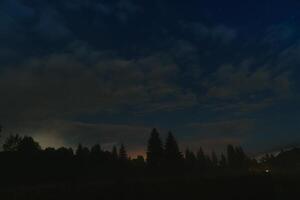 wild Woud silhouet Aan berg onder ster nacht lucht. mooi silhouetten van naald- bomen Aan heuvel in donker sterrenhemel nacht. foto