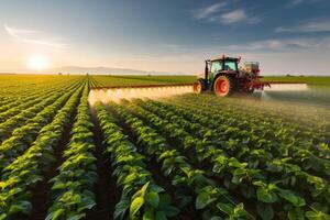 ai gegenereerd trekker sproeien pesticiden Bij soja Boon veld. generatief ai foto