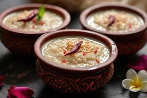 ai gegenereerd kheer,payasam, een romig en zoet rijst- pudding Indisch gerecht, gemaakt door koken melk, suiker of rietsuiker, en rijst. generatief ai foto