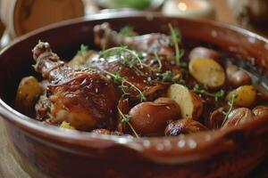 ai gegenereerd genieten in Frans traditie, coq au vin - een culinaire meesterwerk foto