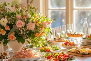 ai gegenereerd prachtig geserveerd tafel met verschillend gerechten en vers bloemen. generatief ai foto