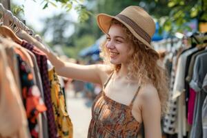 ai gegenereerd gelukkig jong vrouw Kiezen nieuw kleren in op te slaan. generatief ai foto