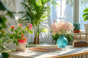 ai gegenereerd interieur van huis kantoor met bureau, laptop, planten, boek en voorjaar decor in knus huis. generatief ai foto