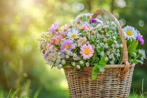 ai gegenereerd mooi boeket van helder wilde bloemen in rieten mand. generatief ai foto