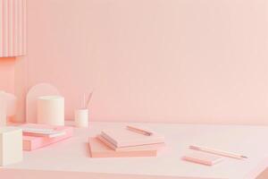 ai gegenereerd pastel gekleurde werkruimte met een minimalistisch bureau en zacht roze briefpapier. generatief ai foto