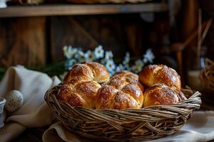 ai gegenereerd kruis broodjes in rieten mand Aan een tafel. generatief ai foto