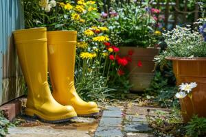 ai gegenereerd tuinieren achtergrond met bloem potten en geel laarzen in zonnig voorjaar tuin. generatief ai foto