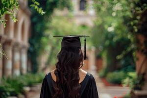ai gegenereerd achterzijde visie van vrouw in diploma uitreiking kleding in de buurt Universiteit. generatief ai foto