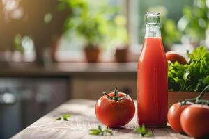 ai gegenereerd fles van tomaat sap staan Aan een tafel met vers tomaten in de achtergrond. generatief ai foto