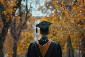 ai gegenereerd achterzijde visie van Mens in diploma uitreiking kleding in de buurt Universiteit. generatief ai foto