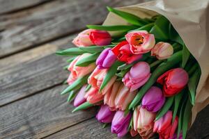 ai gegenereerd mooi boeket van tulpen. bloemen samenstelling. mooi vers besnoeiing boeket. generatief ai foto