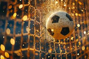 ai gegenereerd voetbal bal wezen geschopt in de doel netto met gouden sprankelend confetti en schitteren. generatief ai foto