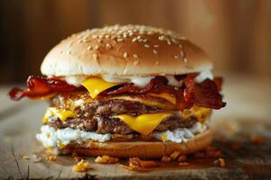 ai gegenereerd vers smakelijk hamburger met rundvlees pasteitje Aan hout tafel. generatief ai foto