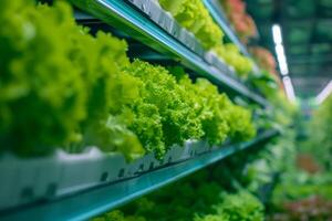 ai gegenereerd verticaal landbouw en hydrocultuur. vers biologisch groente gegroeid gebruik makend van aquaponics landbouw. generatief ai foto