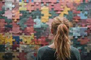 ai gegenereerd terug visie van vrouw aan het kijken Aan groot puzzel Aan muur. generatief ai foto