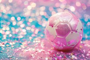 ai gegenereerd roze voetbal bal met sprankelend confetti en schitteren. generatief ai foto