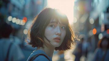ai gegenereerd straat fotografie, een jong en mooi Japans meisje in tokyo foto