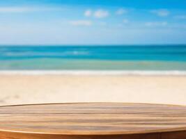 ai gegenereerd leeg ronde houten tafel met een wazig achtergrond van zee strand daglicht en zomer weer foto