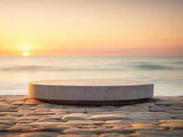 ai gegenereerd leeg ronde steen podium met een wazig achtergrond van zee strand zonsondergang licht en zomer weer foto