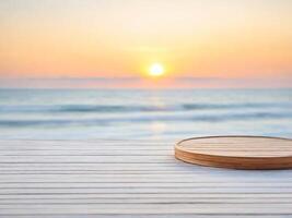 ai gegenereerd leeg ronde wit houten podium met een wazig achtergrond van zee strand zonsondergang licht en zomer weer foto