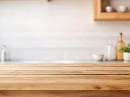 ai gegenereerd leeg hout tafel top en vervagen wit keuken achtergrond, hardhout bord voor producten presentatie foto