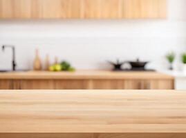 ai gegenereerd leeg hout tafel top en vervagen modern keuken interieur achtergrond in schoon en helder, houten keuken voor producten presentatie foto