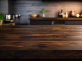 ai gegenereerd leeg donker houten bord top Aan vervagen modern keuken achtergrond foto