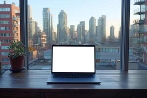 ai gegenereerd een knus huis kantoor opstelling door een groot venster met een expansief visie van de stedelijk horizon, met een laptop met een blanco scherm klaar voor werk. foto