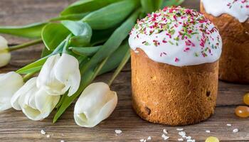 Pasen ei panettone brood taart achtergrond gelukkig Pasen voorjaar vakantie tulp foto