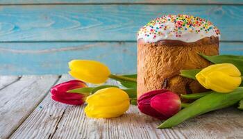 Pasen ei panettone brood taart achtergrond gelukkig Pasen voorjaar vakantie tulp foto