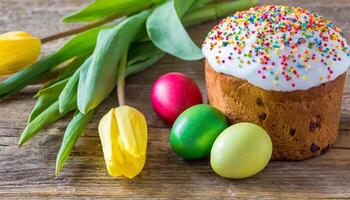 Pasen ei panettone brood taart achtergrond gelukkig Pasen voorjaar vakantie tulp foto