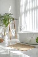 ai gegenereerd een helder, minimalistische badkamer badend in natuurlijk zonlicht, met een schoon wit esthetisch en uitgebreid kopiëren ruimte voor een vers en uitnodigend atmosfeer. foto