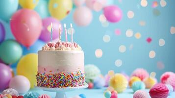 ai gegenereerd banier levendig verjaardag taart met kaarsen, kleurrijk ballonnen, en partij decoraties voor feestelijk viering achtergrond foto