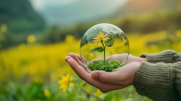 ai gegenereerd een hand- wiegen een transparant wereldbol inkapselen een single bloeiend bloem, symboliseert milieu zorg en bescherming. foto