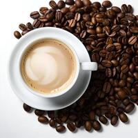 ai gegenereerd een kop van cappuccino geïsoleerd in de wit achtergrond met koffie bonen foto