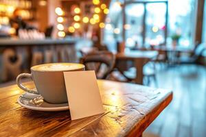 kop van latte met kunst en blanco Notitie in cafe foto