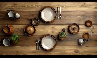 ai gegenereerd houten tafel keukengerei, rustiek, een veel van leeg ruimte, visie van bovenstaand foto