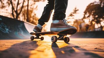 ai gegenereerd skateboarder skateboarden Bij skatepark zonsondergang stadsgezicht achtergrond foto