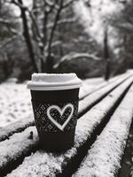 ai gegenereerd koffie kop met hart Aan besneeuwd bank in winter park. foto