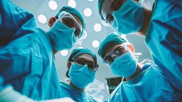 ai gegenereerd groep van dierenarts chirurgie in operatie kamer nemen met kunst verlichting en blauw filter foto