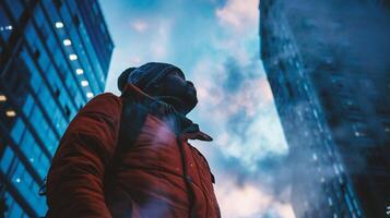 ai gegenereerd Mens in een rood jasje Aan een achtergrond van wolkenkrabbers. foto